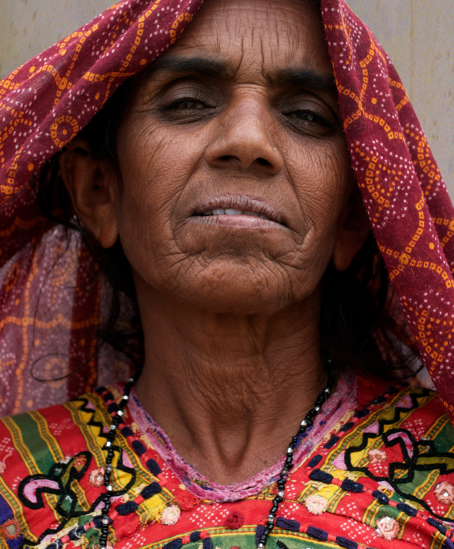 Portrait of Rabari woman Nita wearing a patterned red veil, Kutch, Gujarat, India.
