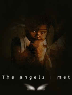 Poster for the exhibition The Angels I Met, featuring a dark, textured portrait of a child emerging from deep shadows in warm brown and amber tones. The child’s face is softly illuminated at the center, creating an intense and contemplative atmosphere. The exhibition title appears in spaced white lettering near the bottom, above a pair of glowing white wings.