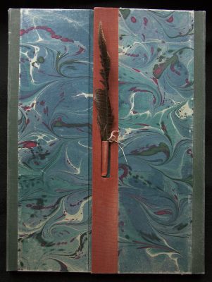 Handmade marbled portfolio cover in blue, green, and burgundy tones, with a feather detail.