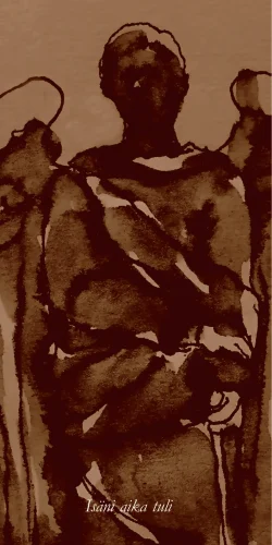 Sepia-toned illustration painted by Jouko Ollikainen for Magi Viljanen’s book Kastemaljani viimeiset rippeet, chapter “Isäni aika tuli”.