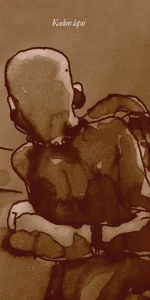 Sepia-toned illustration painted by Jouko Ollikainen for Magi Viljanen’s book Kastemaljani viimeiset rippeet, chapter “Kadun lapsi”.